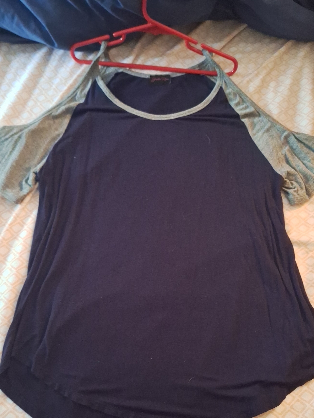 Shiela Rose - Navy Blue Off-shoulder Sleeve Top with Heather Gray Trim